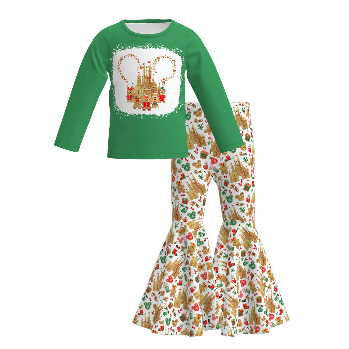 Girls Christmas Cartoon Print Long Sleeves Bell Pant Set