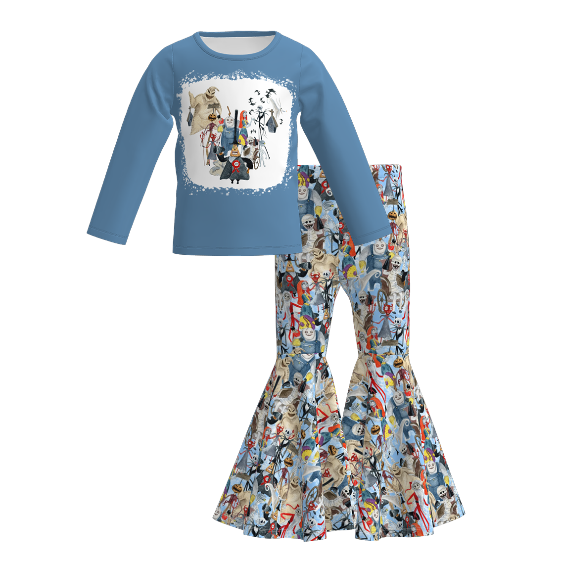 Girls Christmas Cartoon Print Long Sleeves Bell Pant Set