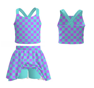 Mommy And Me Blue Purple Plaid Summer Athletic Skirt Set
