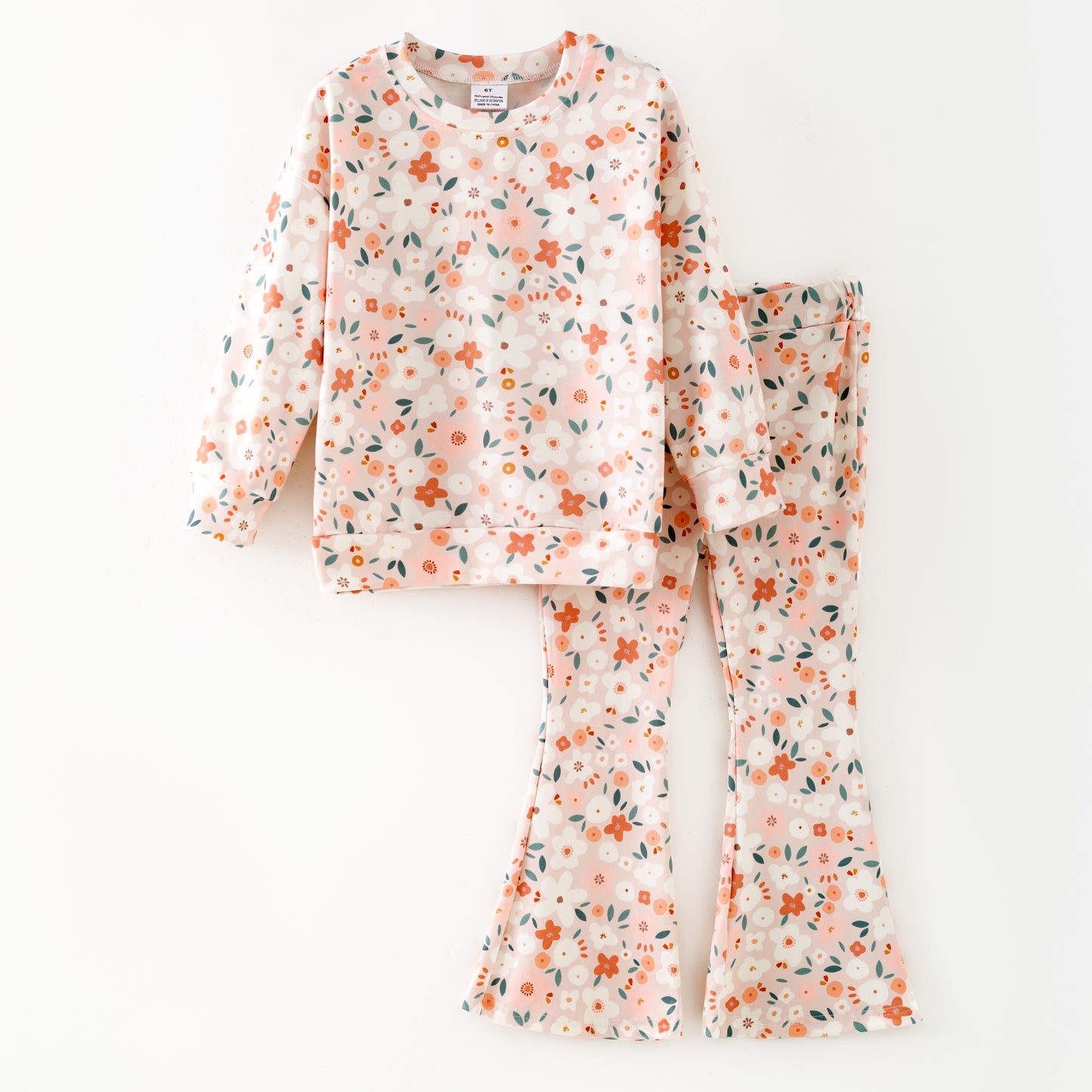 Girls Fall Winter Coral Pink Floral Print Long Sleeves Pant Set
