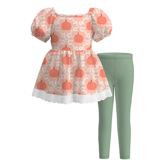 Girls Fall Pumpkin Flower Ghost Chich Print Lace Top Legging Set
