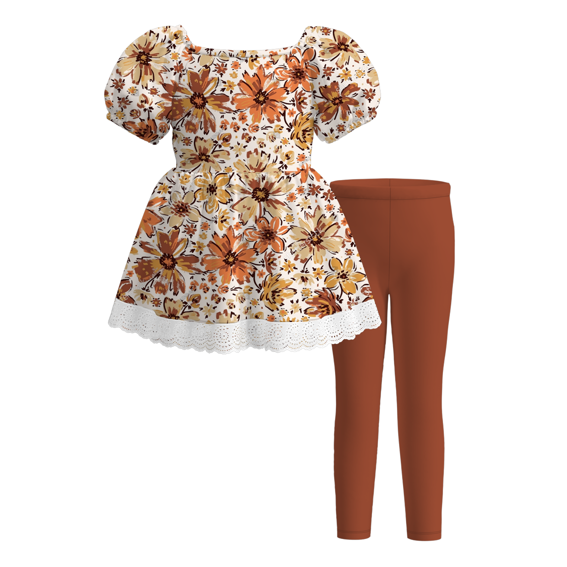 Girls Fall Pumpkin Flower Ghost Chich Print Lace Top Legging Set