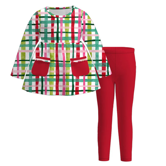 Girls Christmas Print Plaid Red Green Pink Pant Set & Dress