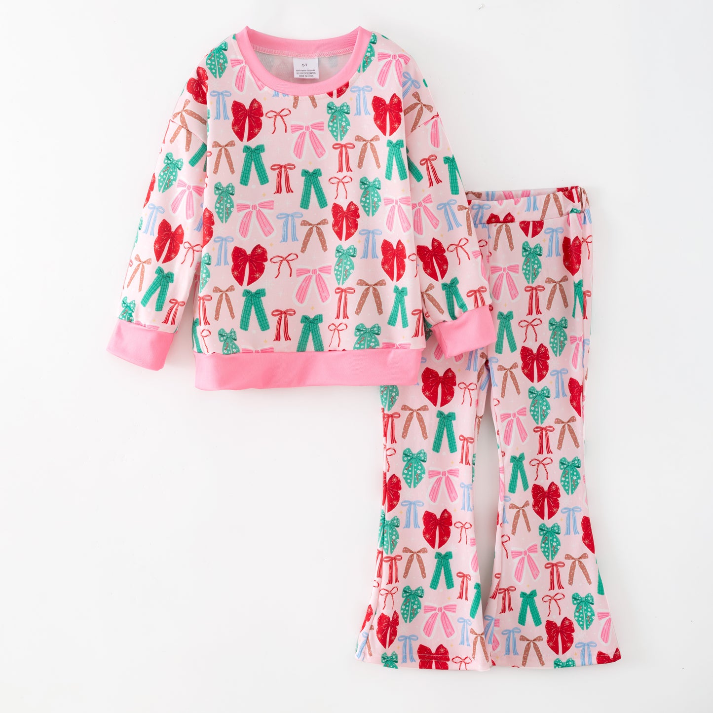 Girls Christmas Winter Green Pink Bow Long Sleeves Pant Set