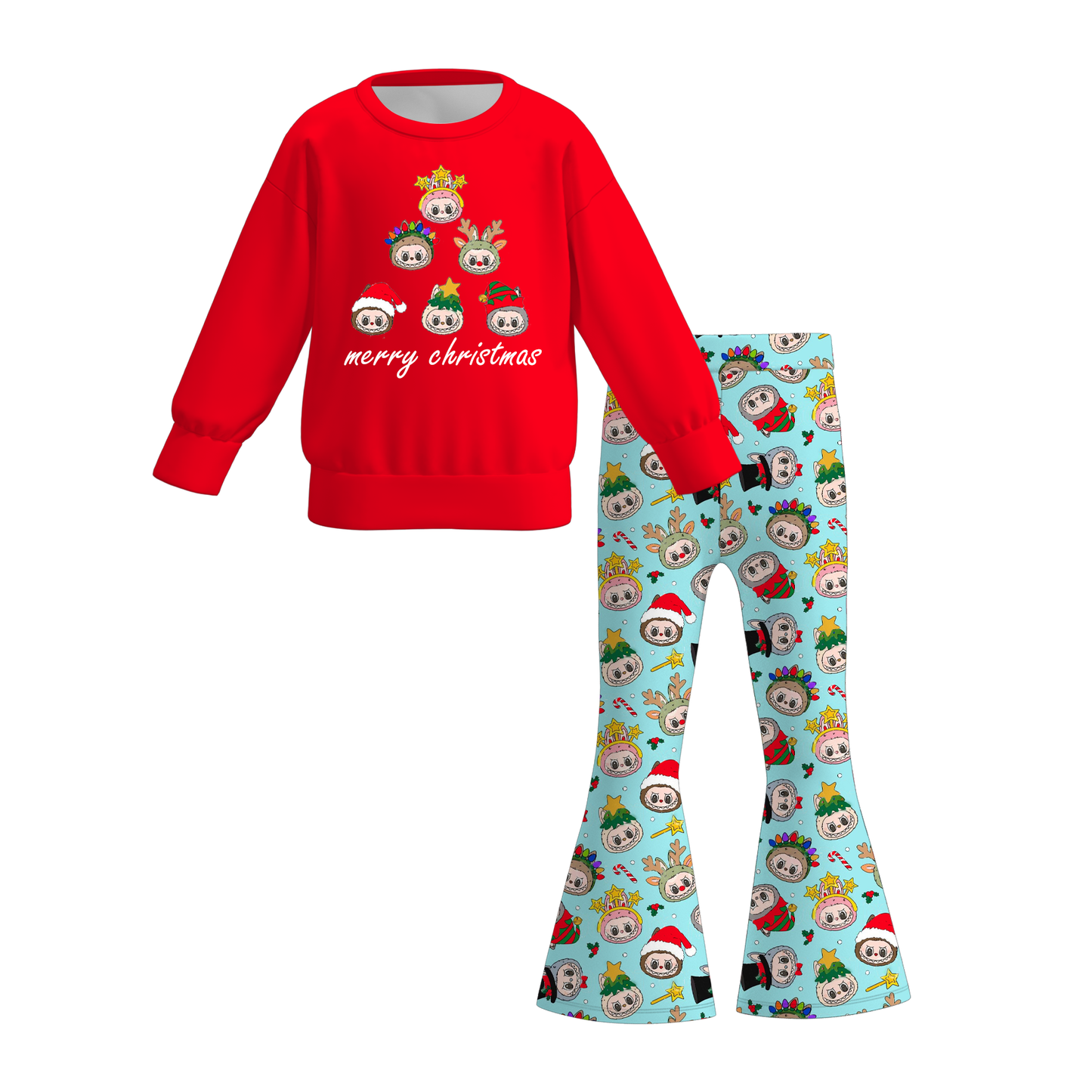 Girls 2 Pieces Labubu Themed Printed Top + Pant Set