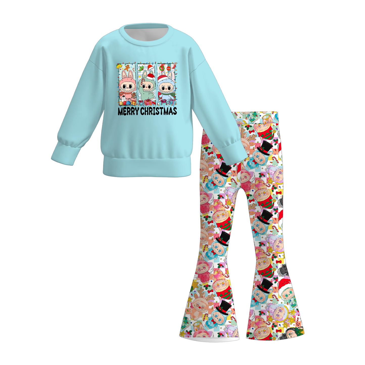 Girls 2 Pieces Labubu Themed Printed Top + Pant Set