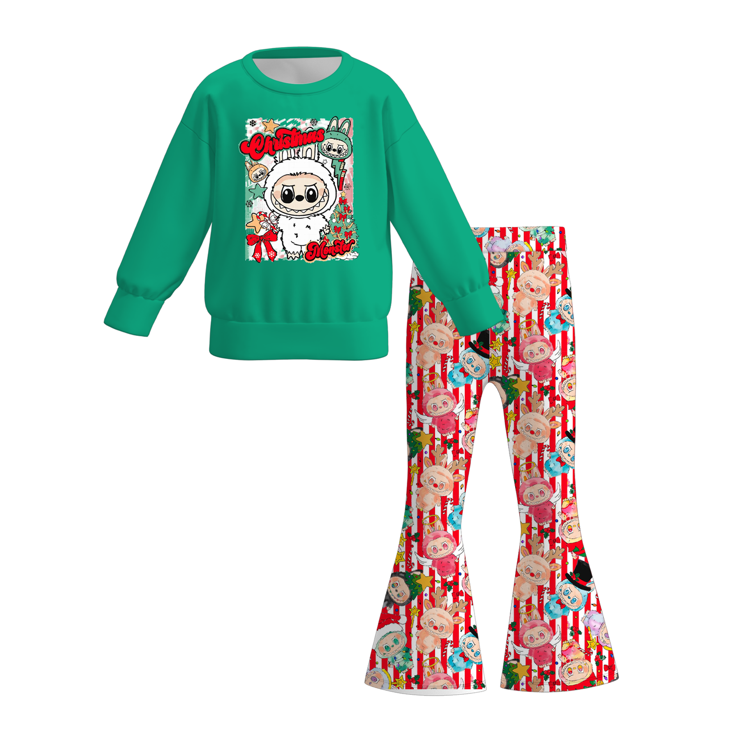 Girls 2 Pieces Labubu Themed Printed Top + Pant Set