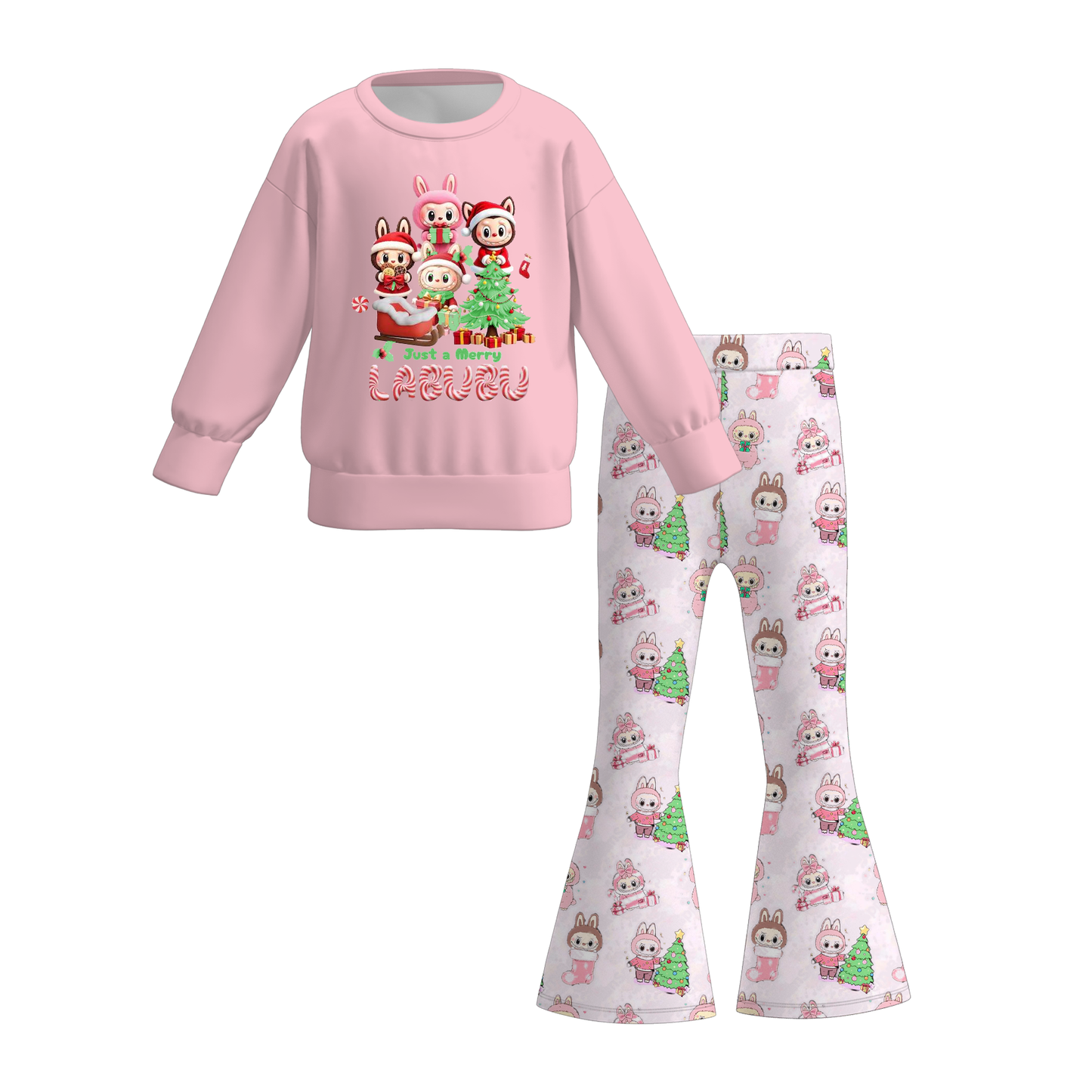 Girls 2 Pieces Labubu Themed Printed Top + Pant Set