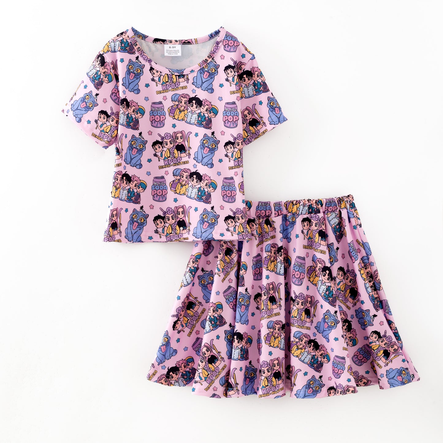 Girls Kpop Demon Hunter Pink Milk Silk Dress & Skirt Set