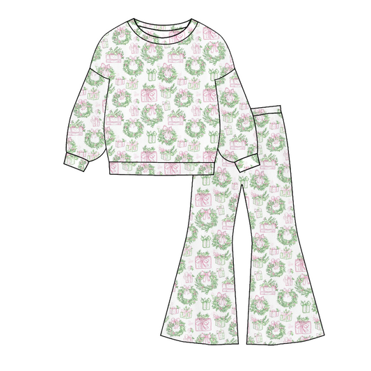 Girls Christmas Santa Tree Bow Print Top+ Pant Set