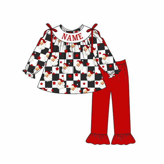 Christmas Custom Name Santa Plaid Smock Embroidery Sibling Outfits