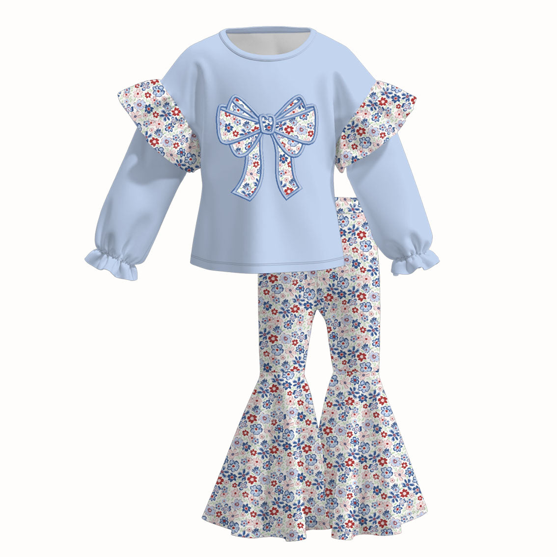 Fall/Winter Embroidered Floral Bow Sister Blue Outfits