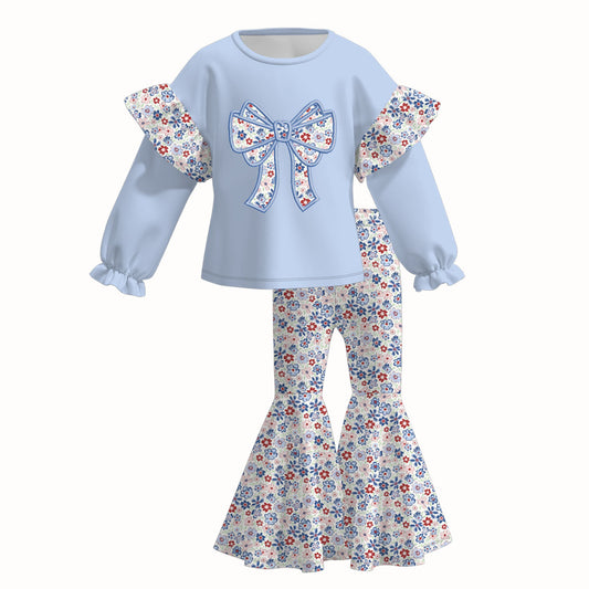 Fall/Winter Embroidered Floral Bow Sister Blue Outfits