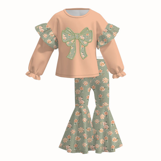 Fall/Winter Embroidered Floral Bow Sister Coral Outfits