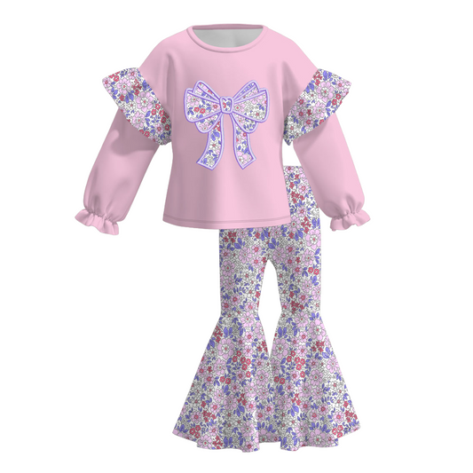 Fall/Winter Embroidered Floral Bow Sister Pink Outfits