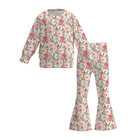 Girls Fall Christmas Floral Reindeer Gingerbread Top+Pant Set