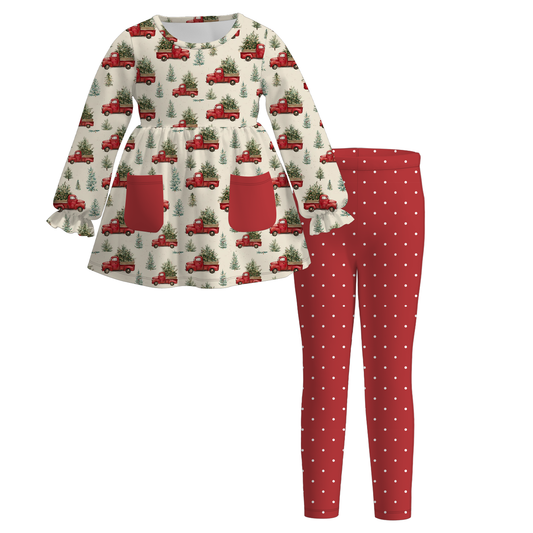 Christmas Long Sleeves Tree Gingerbread Candy Cane Print Pocket Legging Set