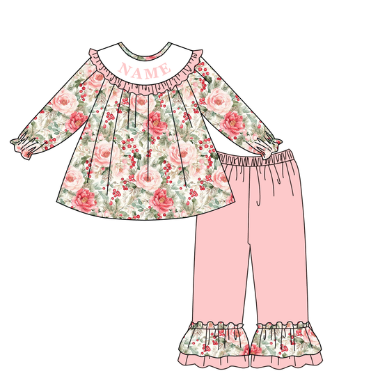 Fall Winter Floral Print Smocked Embroidery Personalized Name Outfit Collection
