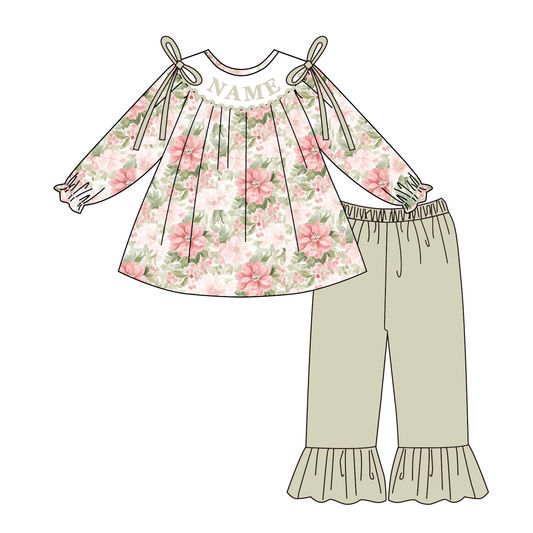 Fall Smocked Embroidery Custom Name Floral Outfit Collection
