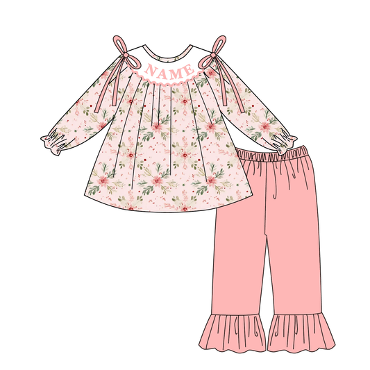 Fall Smocked Embroidery Custom Name Pink Floral Outfit Collection