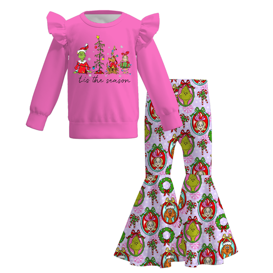 2025 Christmas Grinch Print Bell Pant Set For Girls