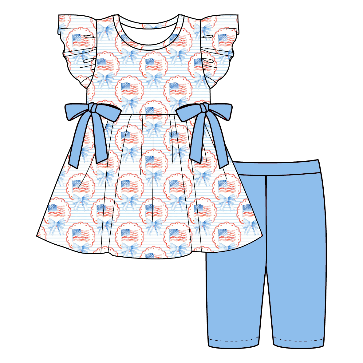 4th of July Girls Outfit – Patriotic USA Flag Bow Print Dress, Toddler Top & Shorts Set, Baby Bloomer Outfit