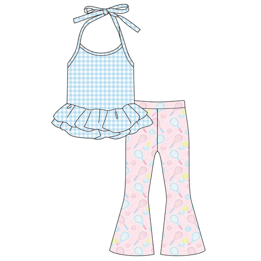 Girls Summer Ruffle Halter Top & Flare Pants Set – Gingham Tank with Printed Bell-Bottom Leggings (2-Piece Outfit)