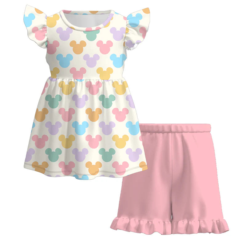 Girls Summer Outfit Set – Cute Colorful Cartoon Print Dress, Tank Top, Skirt & Shorts Matching Set
