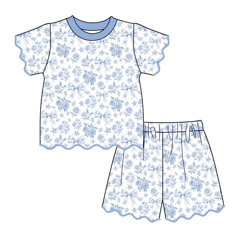 Summer Flower Fruit Printed Scallop Embroidered Trim Short Set