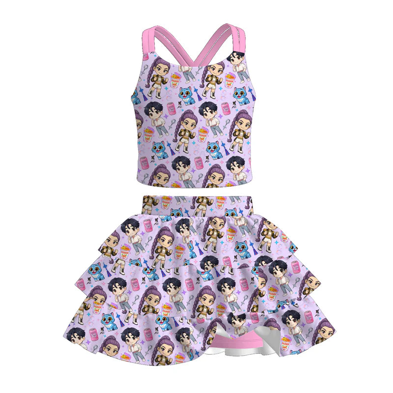 Girls Summer K-Pop Demon Hunter Printed Skort Set Collection