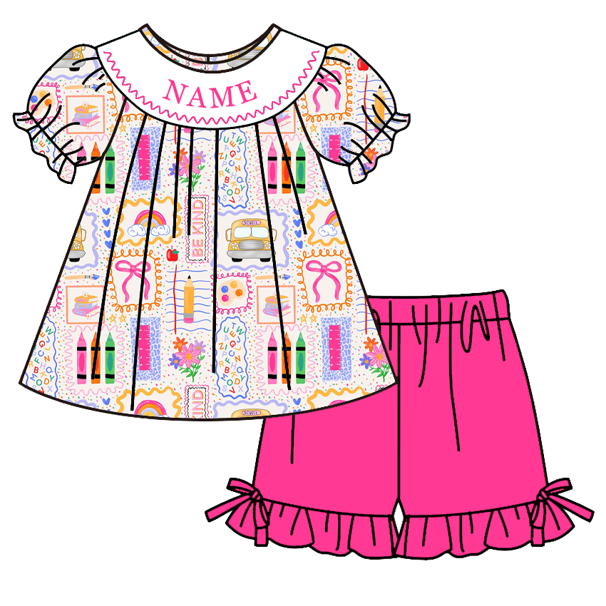 Personalized Girls Back to School Dress & Short Set | Custom Embroidered Name Boutique Outfit