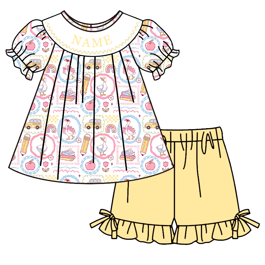 Personalized Back to School Smocked Outfit | Custom Embroidered Name Dress & Short Set