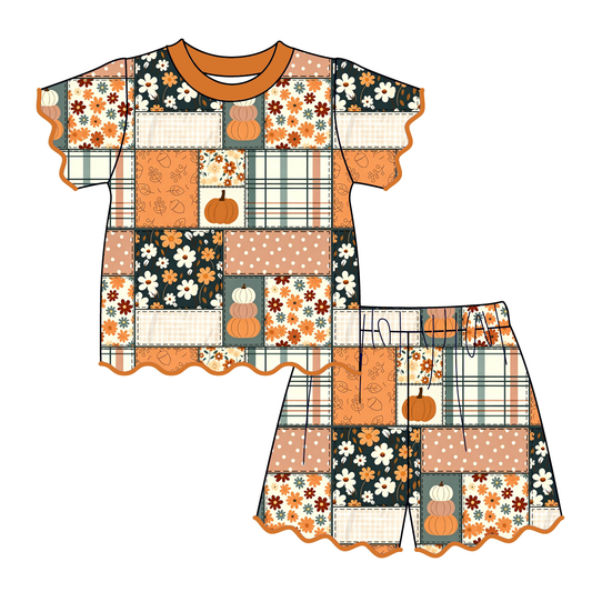 Girls Halloween Pumpkin Scalloped Trim Short Set | Boutique Fall Outfit