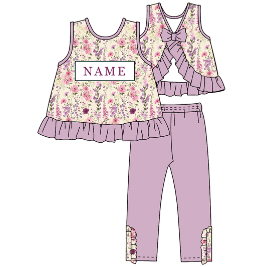 Personalized Floral Smocked Embroidery Girls Sibling Set – Custom Name Ruffle Outfit & Baby Romper