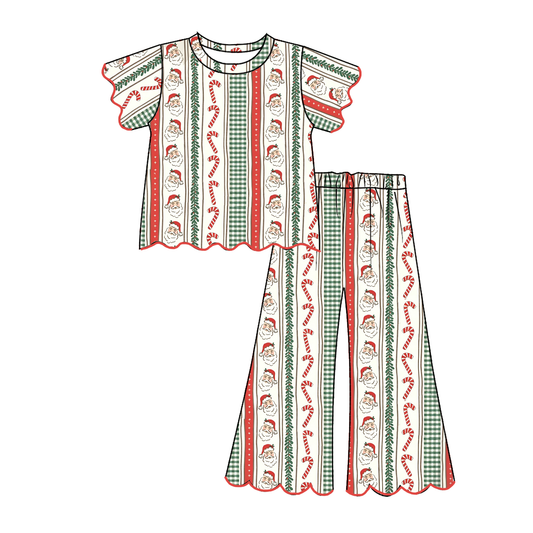 Girls Christmas Pajama Set – Ruffle Short Sleeve Top & Wide Leg Pants, Holiday Santa, Christmas Tree & Gingerbread Prints