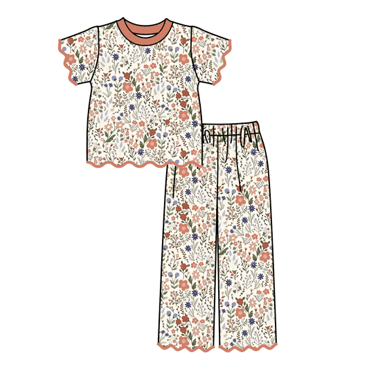 Girls Fall Scallop Two-Piece Set – Floral & Bow Print Ruffle Top with Wide Leg Pants