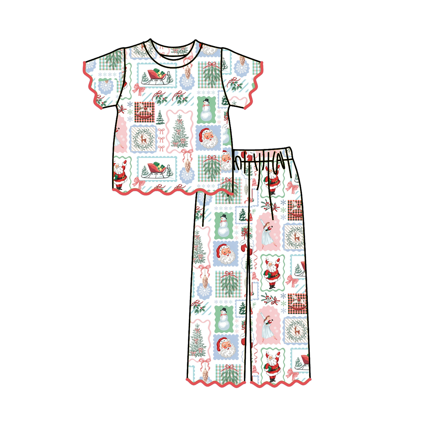 Christmas Girls Scallop Pajama Set – Festive Holiday Print Short Sleeve Top & Leg Pants