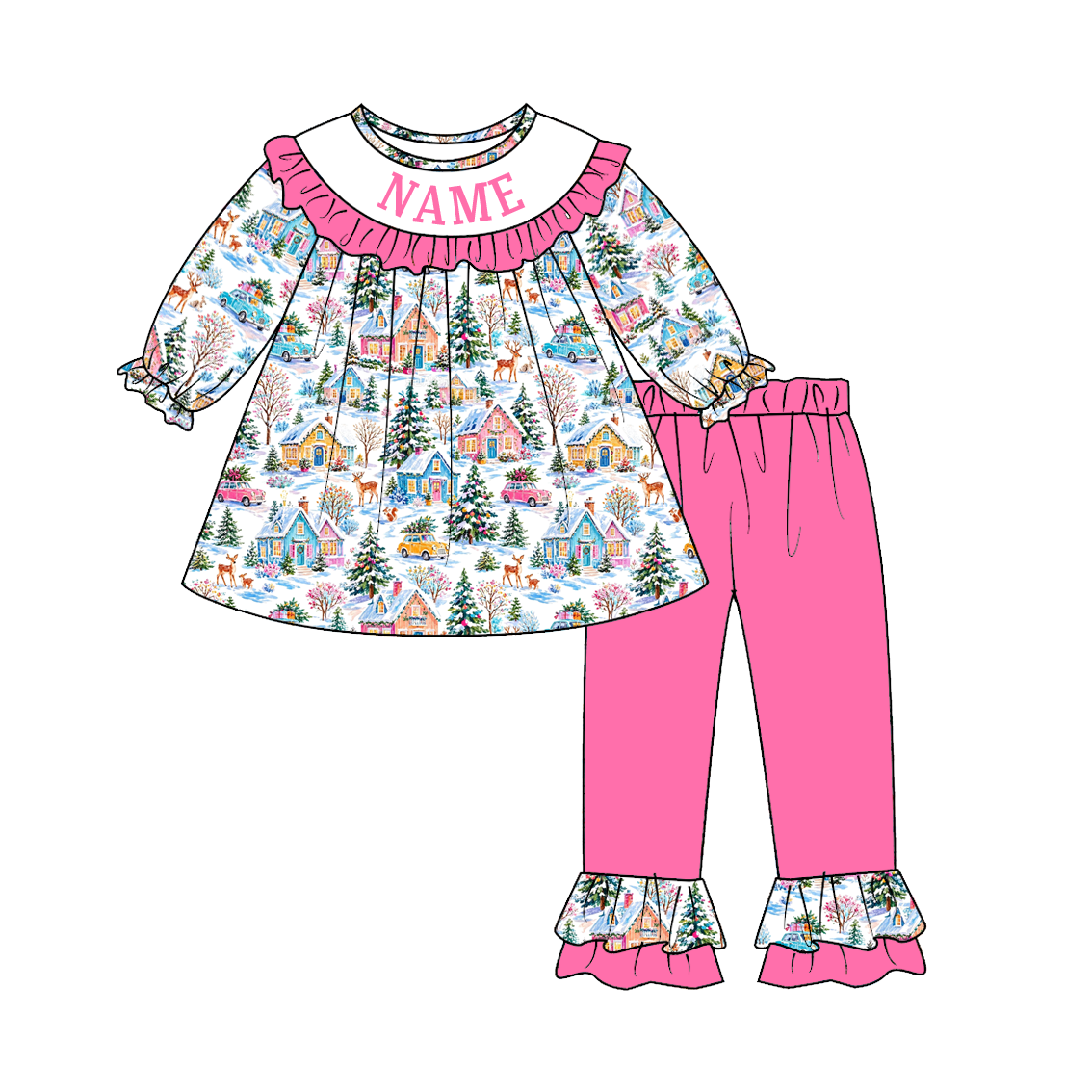 Personalized Girls Christmas Smocked Outfits – Custom Name Embroidery Winter Village Print Dress, Ruffle Pants Set & Baby Romper