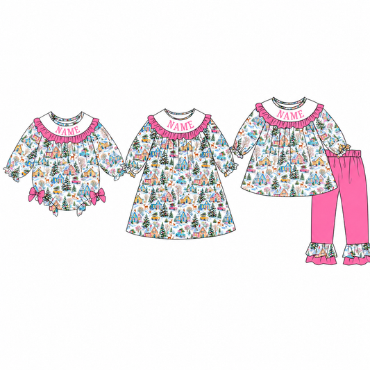 Personalized Girls Christmas Smocked Outfits – Custom Name Embroidery Winter Village Print Dress, Ruffle Pants Set & Baby Romper