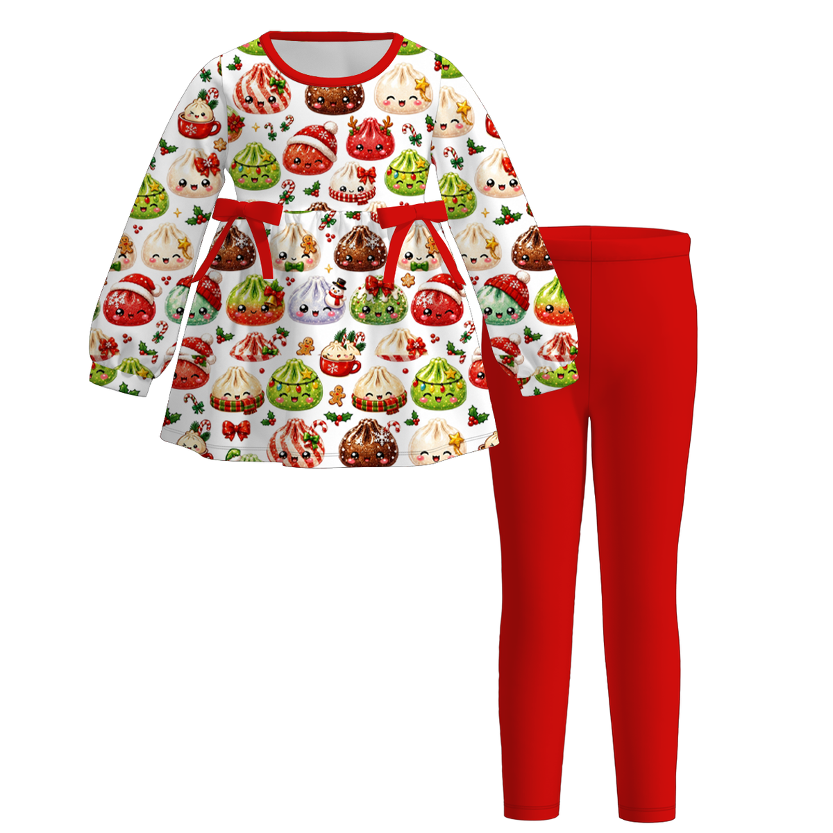 Christmas Girls Long Sleeve Tunic & Leggings Set – Holiday Bow Gingerbread Snowman Print Two-Piece Outfit