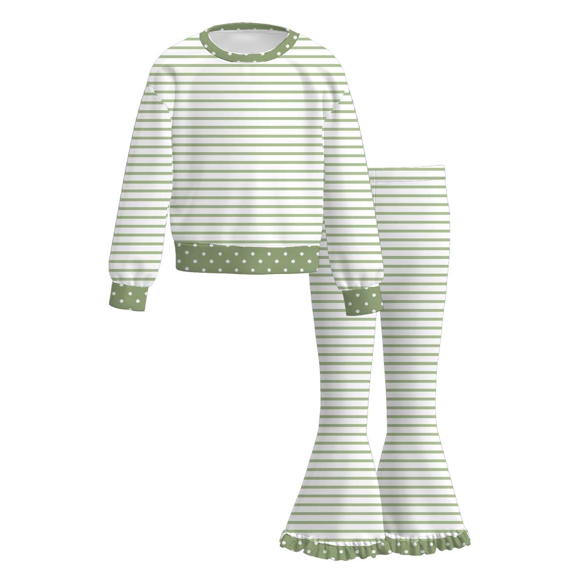 Girls Fall Winter Striped Ruffle Pants Set – Long Sleeve Polka Dot Bell Bottom Outfit