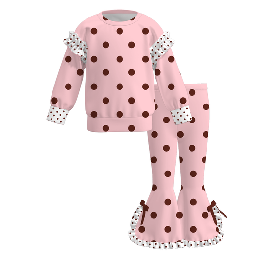 Girls Fall Winter Polka Dot Ruffle Flare Pants Set – Long Sleeve Sweatshirt & Bell Bottom Pants Outfit