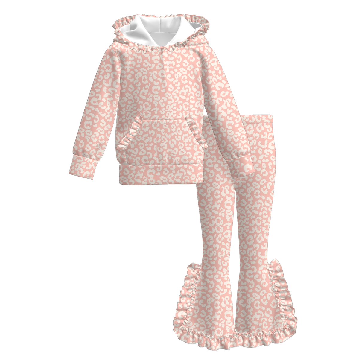 Girls Fall Winter Ruffle Hoodie & Flare Pants Set – Cow Print Leopard Pattern Long Sleeve Two-Piece Outfit