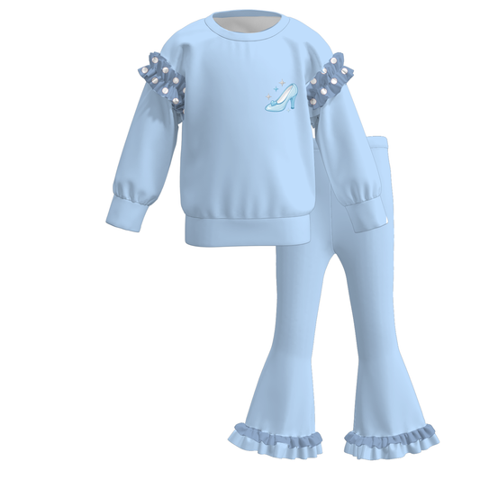 Girls Fall Winter Printed Ruffle Sweatshirt & Flare Pants Set – Long Sleeve Two-Piece Outfit with Polka Dot Ruffles