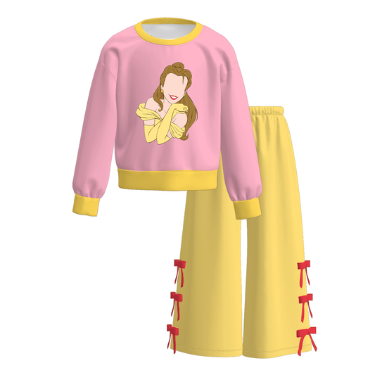 Girls Princess Inspired Printed Outfit Set – Fall Winter Cartoon Print Long Sleeve Sweatshirt & Bow Wide Leg Pants