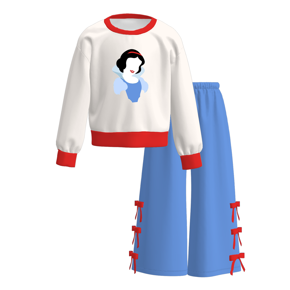 Girls Princess Inspired Printed Outfit Set – Fall Winter Cartoon Print Long Sleeve Sweatshirt & Bow Wide Leg Pants