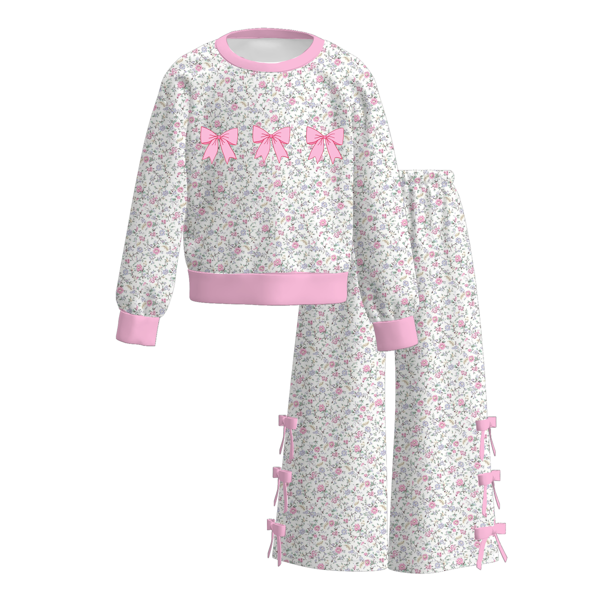 Girls Fall Winter Bow Detail Two-Piece Outfit – Pink Polka Dot & Floral Print Long Sleeve Top with Wide Leg Pants Set