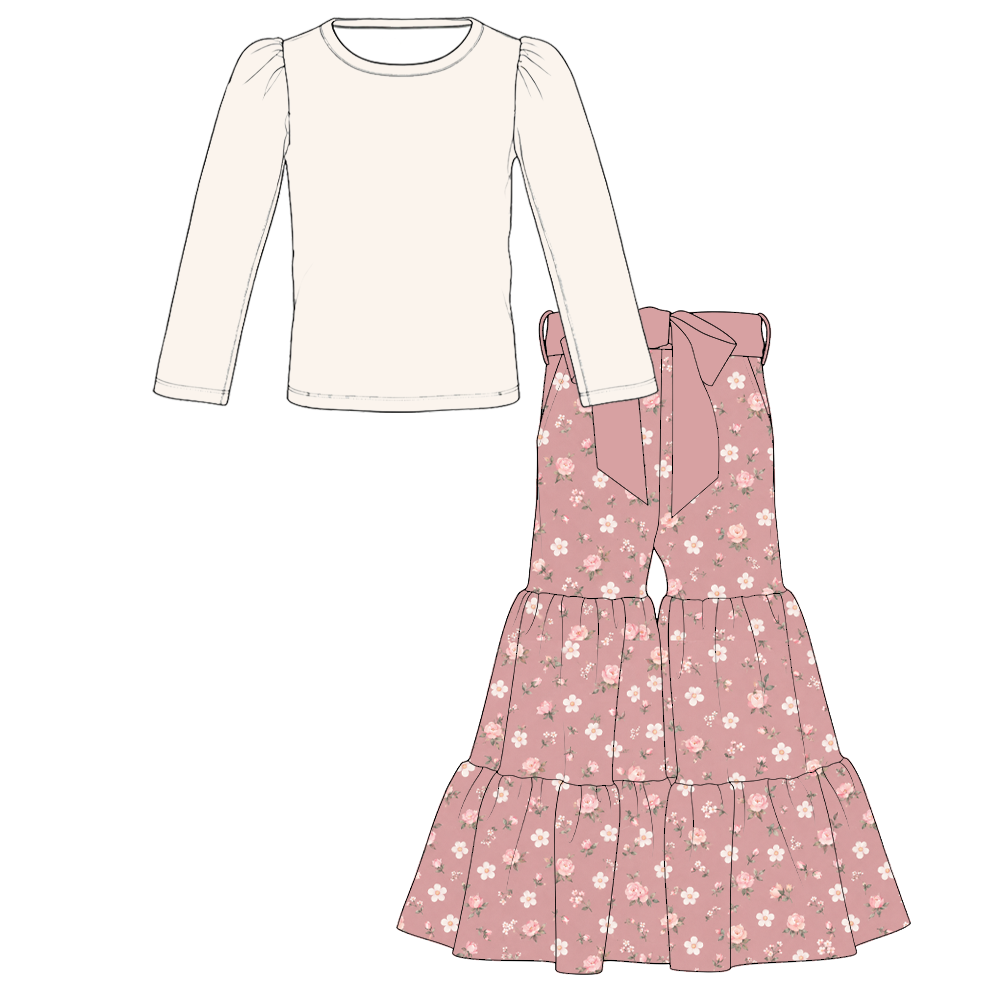Girls Fall Winter Printed Ruffle Bell Bottom Pants Set – Long Sleeve Puff Sleeve Top & Tiered Flare Pants Outfit