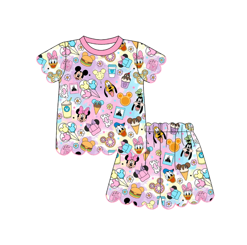 Girls Pink Cartoon Character Print T-Shirt & Shorts Set – Kids Summer 2-Piece Scallop Outfit