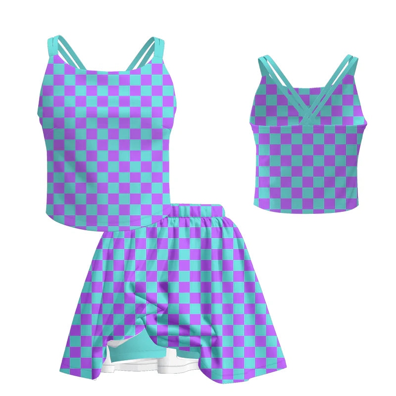Mommy And Me Blue Purple Plaid Summer Athletic Skirt Set